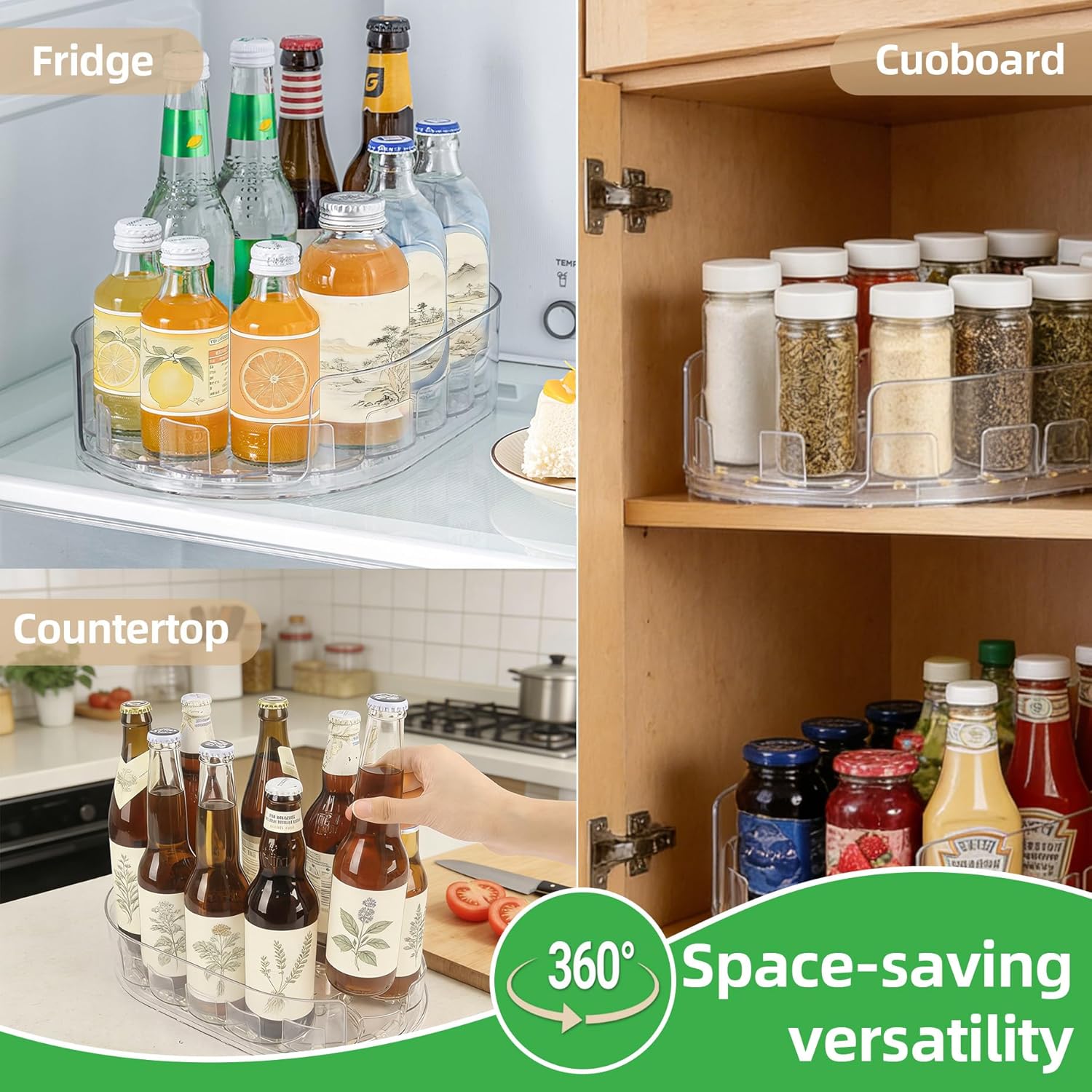 Rotating Refrigerator Storage Rack, 360° Rotating Spice Rack, Soft Drink can Storage Rack, Rotating Refrigerator Tray,Suitable for Refrigerator Storage, Kitchen, Desktop, Cabinet, and Food Storage Compartments.