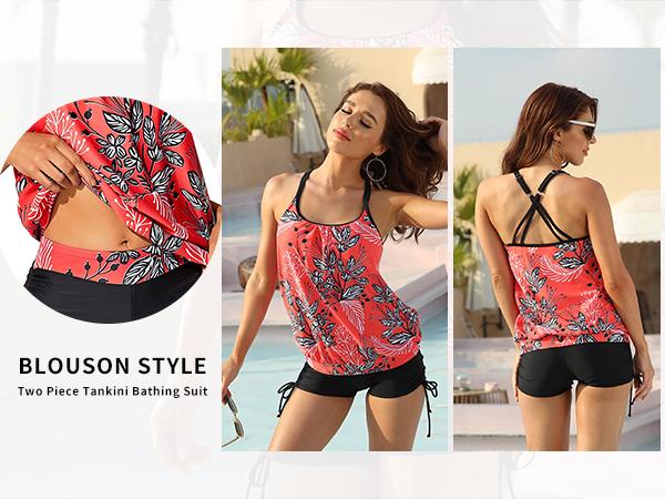 Yonique Womens Blouson Tankini Swimsuits Two Piece Strappy Bathing Suit Tops with Shorts Criss Cross Swimwear