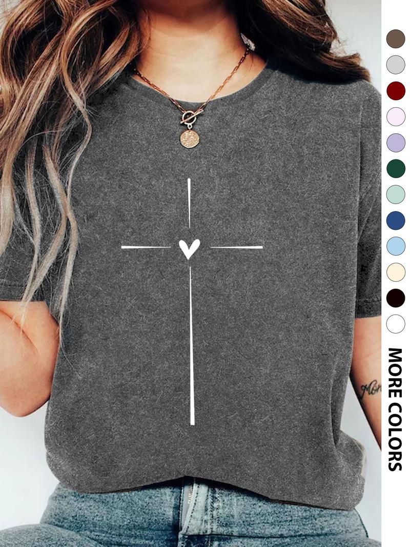 Women's Cross & Heart Print Round Neck Tee, Fashion Casual Crew Neck Short Sleeve T-Shirt for Daily Wear, Ladies Clothes for All Seasons