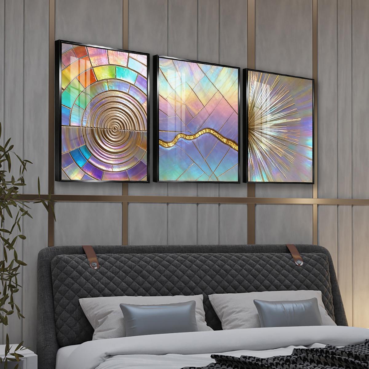 3 Counts Aluminum Alloy Framed Painting, Iridescent Abstract Geometric Art, Home Decoration For Living Room, Bedroom, Office, Restaurant, Hallway Wall Decor, Odorless Print Artwork, Luxury Perfect Gift For Friends And Family