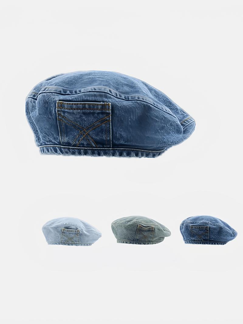 Women's Vintage Washed Denim Design Beret, Casual Outdoor Blue Hat for Women, Fashion Accessories for Daily Wear