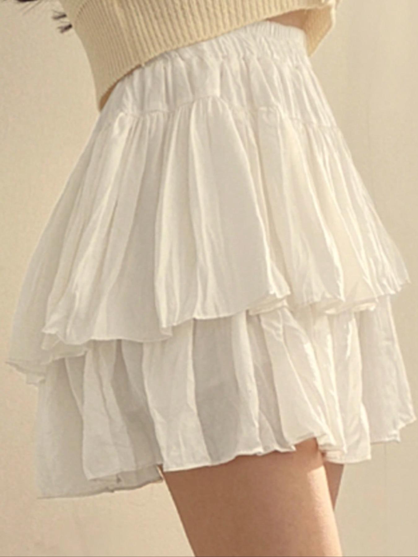 French ballet-style white puffy tiered skirt for women - summer short ruffled mini skirt, high-waisted, slimming A-line half skirt
