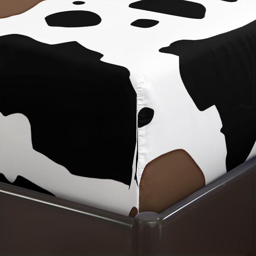3Pcs Cowhide Pattern Fitted Sheet Set, Irregular Black, Brown & White Patches on Soft Fabric, Stylish & Unique Bedding for Rustic Decor, for Animal Lovers, Transform Your Bedroom into a Cozy Retreat Includes 2 Pillowcases, No Pillow Core