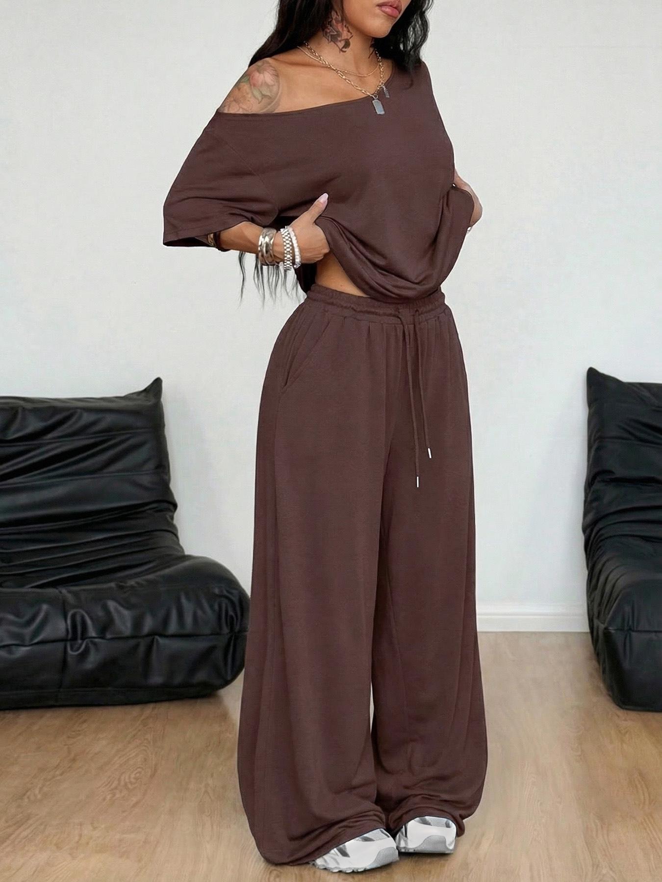 2pcs/Set Women's Minimalist Basic Daily Wear Casual Going Out Sport Comfortable Off Shoulder T-Shirt And Wide Leg Pants Two Pieces Outfits