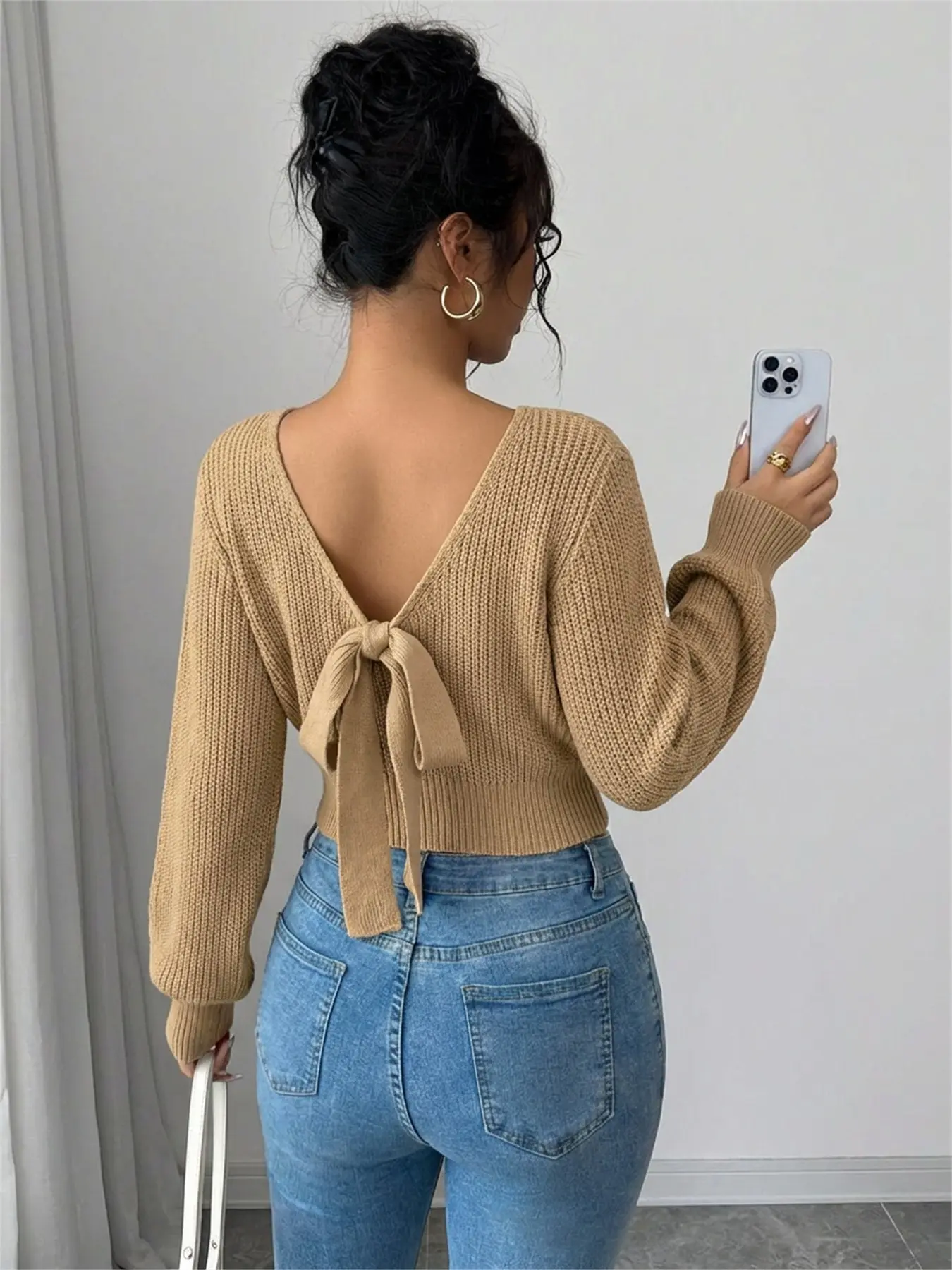 Women's Y2K Fall Winter Bow Neck Long Sleeve Slim Fit Pullover, Plain Color Lantern Sleeve Backless Sweater, Fashionable Ladies' Top