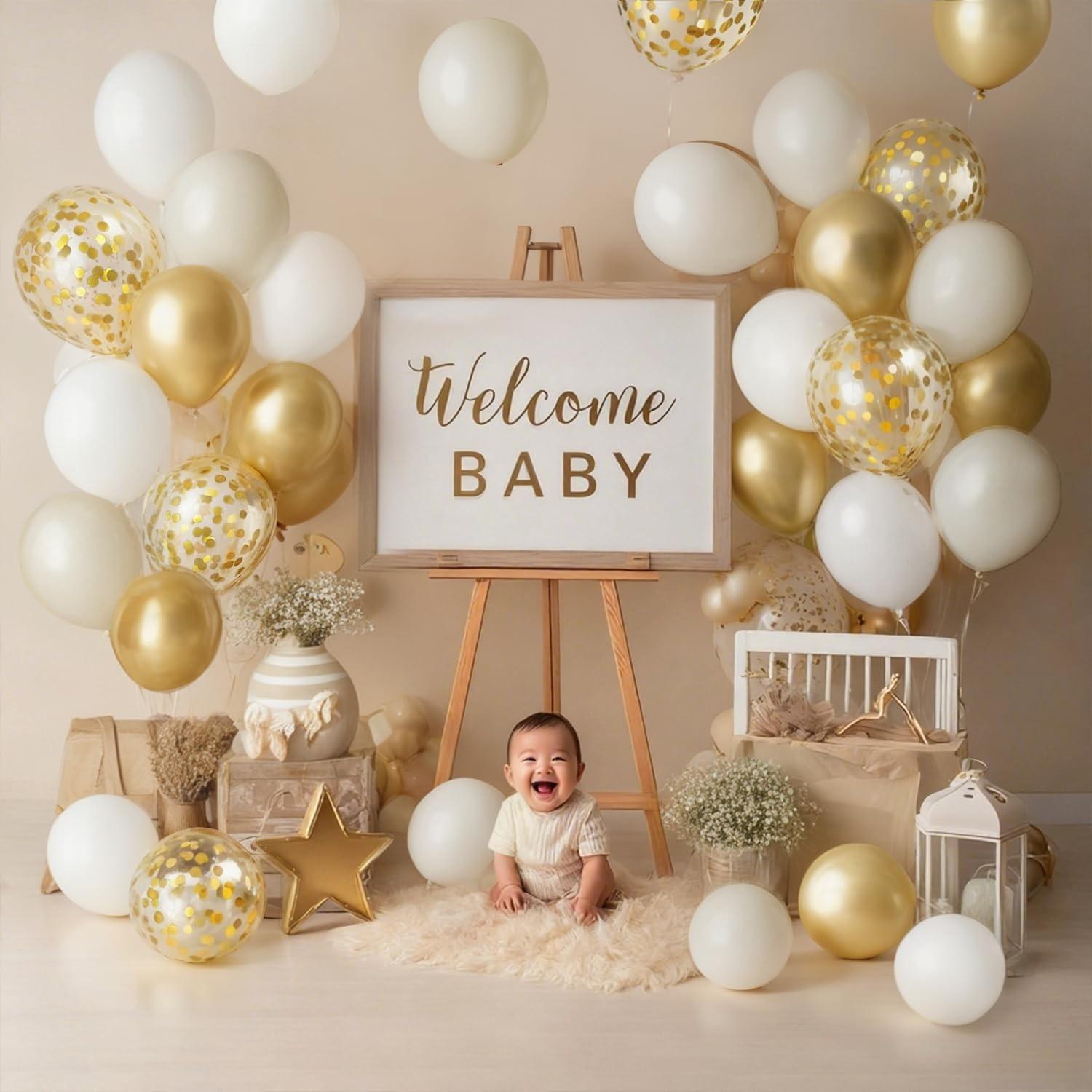 50 piece set of white and gold balloons, metallic colored latex balloon set, suitable for birthday, engagement, wedding anniversary parties, indoor and outdoor decoration gifts