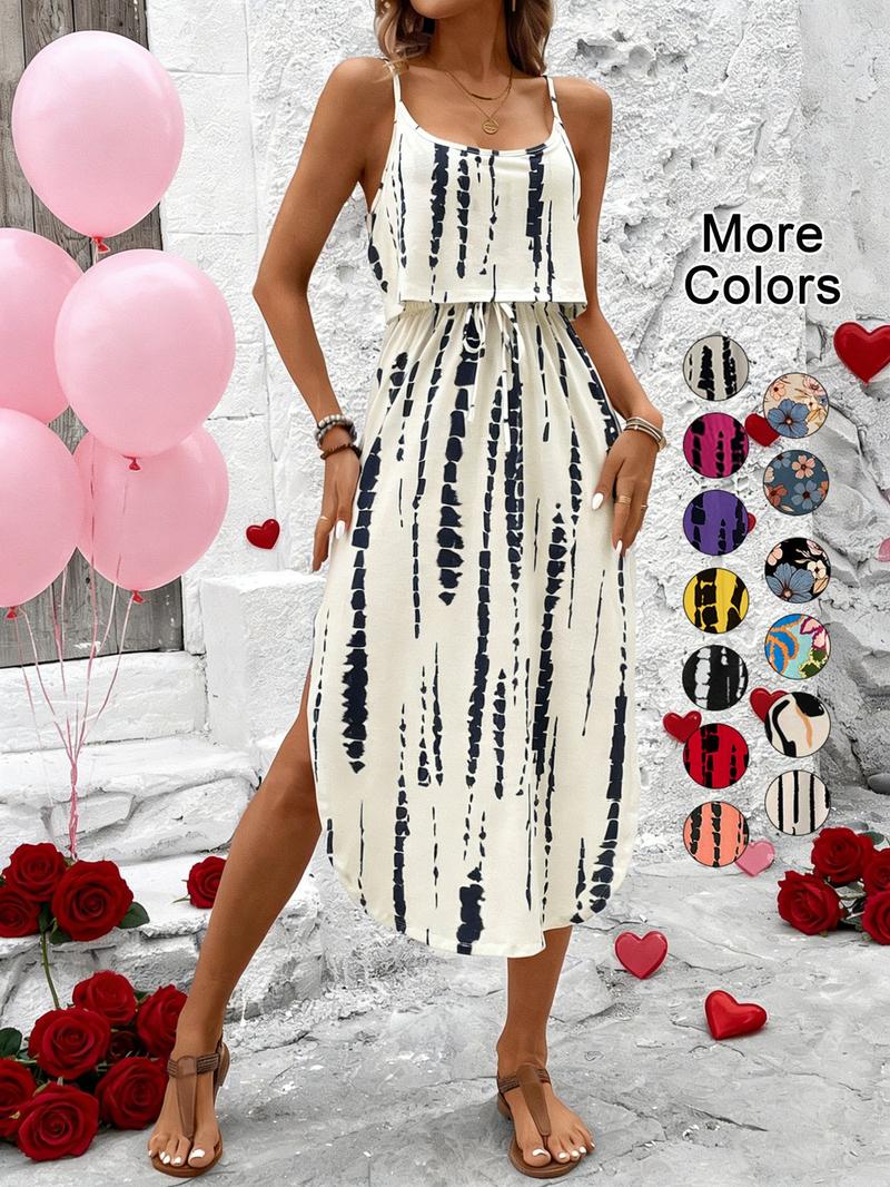 Women's Spring Summer Fall Tie Dye Thin Strap Split Thigh Waist Cinched Dress, Multicolor Floral Print, Casual Vacation
