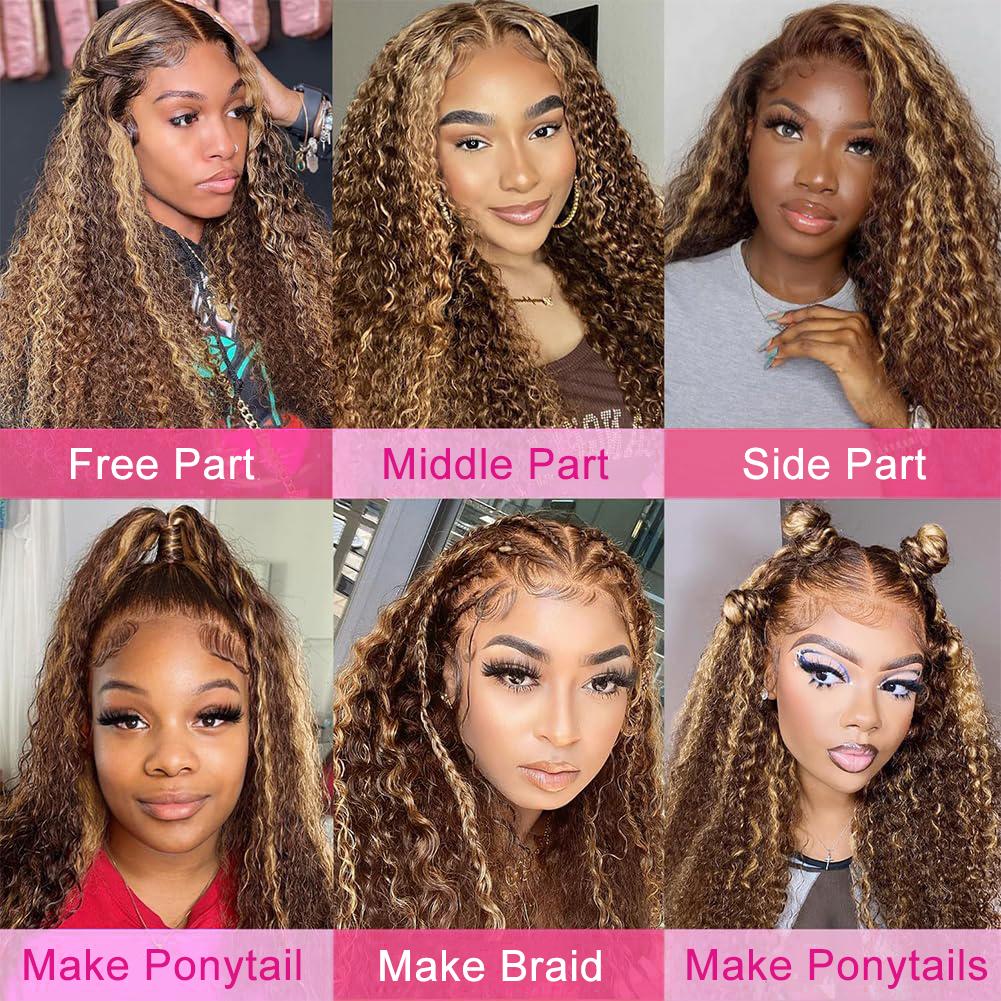 Subella Hair Hidden Strap 360 Lace Wig Invisi Strap Water Wave P4/27 Highlight HD Transparent Lace Front Wigs Ombre Human Hair Wet and Wavy Curly  Lace Frontal Wigs Pre Plucked with Baby Hair