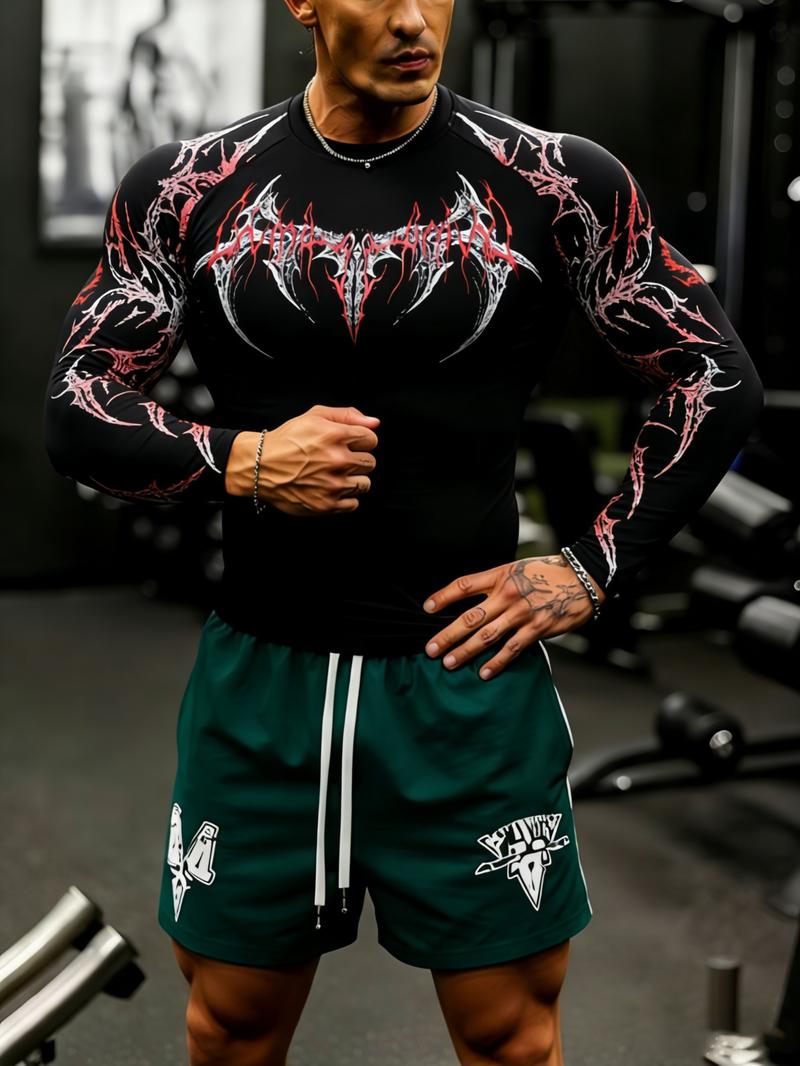 Men's Professional Sports Quick-Dry Fitness Shirt, Gothic Print Long Sleeve, High Elasticity, Round Neck, Moisture-Wicking, Running, Training, Daily Wear