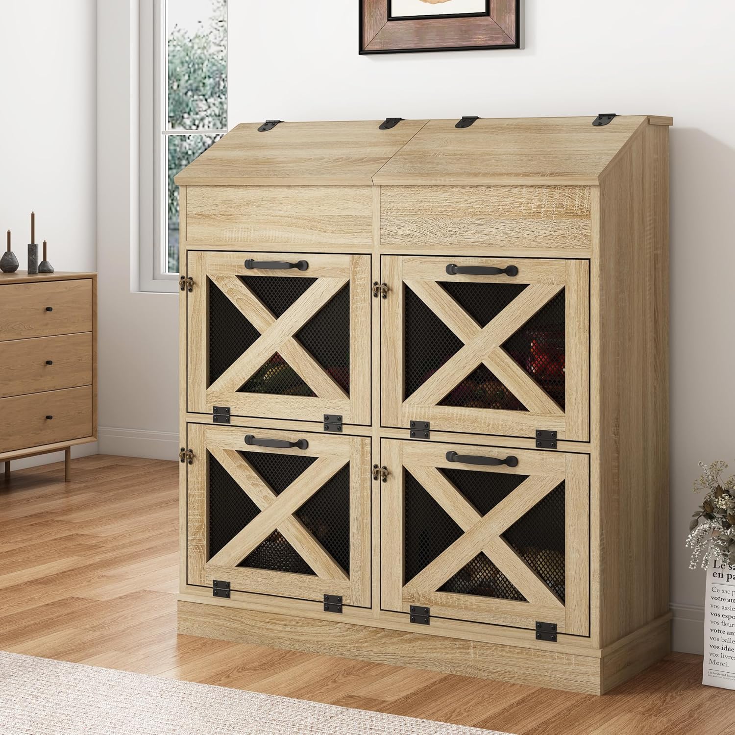 Large Wood Veggie Bin for Potato,Bread,Onion With 6 Large Storage Space. Root Vegetable Storage Box For Kitchen, Farmhouse Wood Potato Box With 4 Mesh Doors,32 * 12.4 * 36 INCH