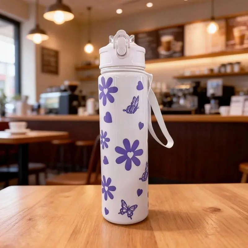 750ml Water Bottle Travel Sports Fitness Water Bottle with Carry Strap Straw Water Bottle Leak-Proof Large Capacity Water Bottle