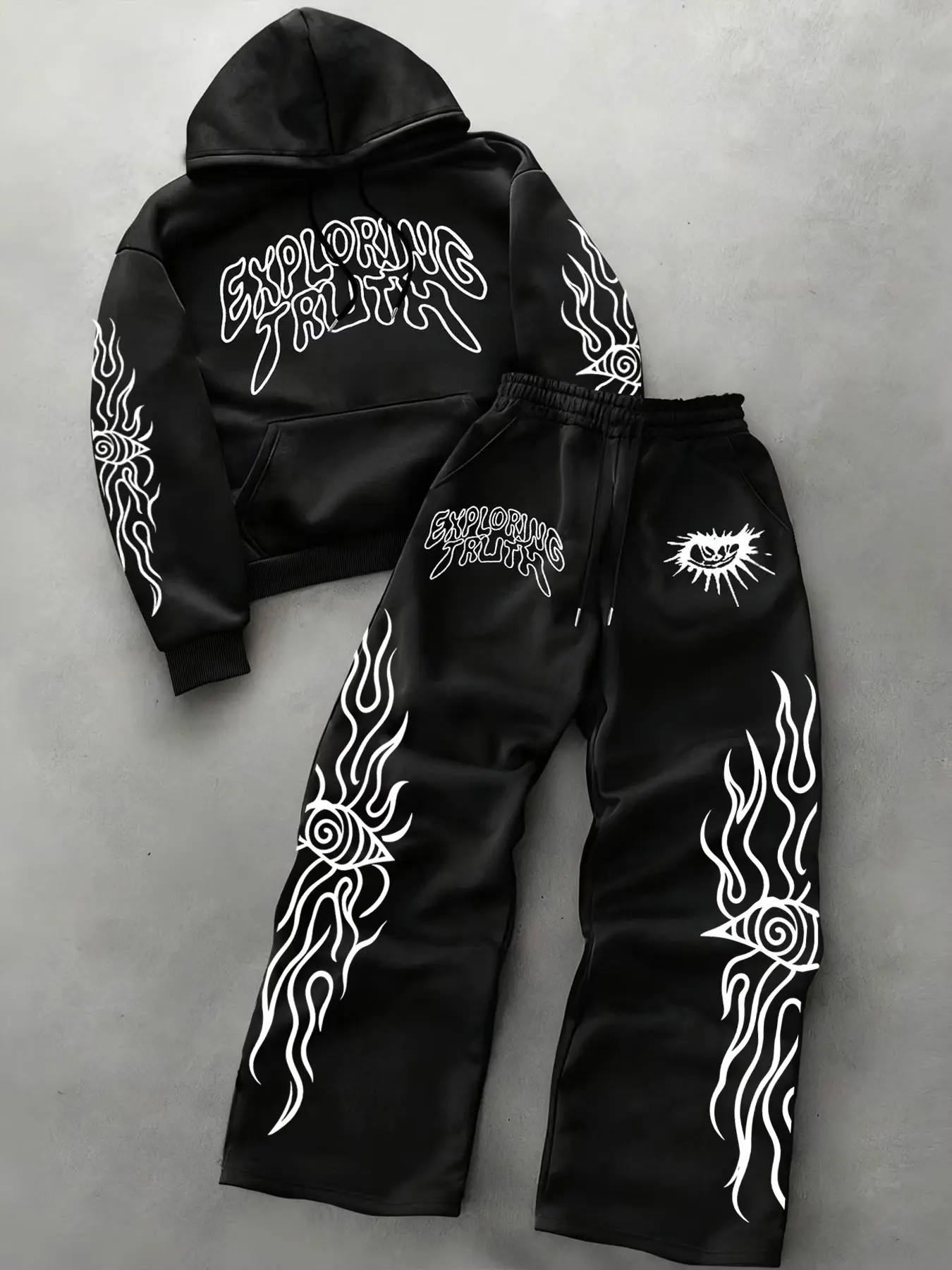 American Y2K Graffiti Print Two-Piece Set, Distorted Letters + Flame Eye Design, Loose Fit, Punk Fashion for Men and Women
