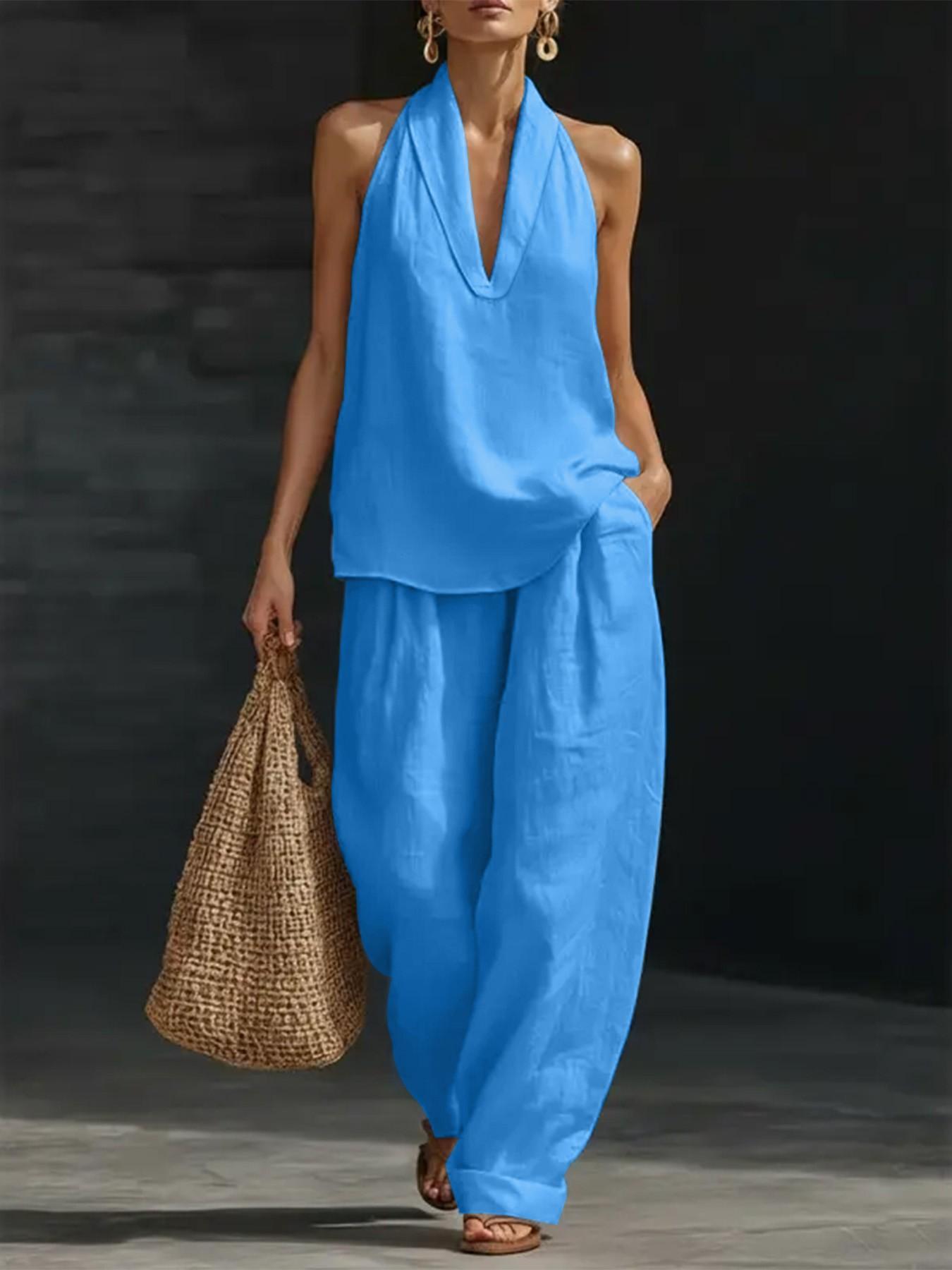 2026 Women's Linen Set, 2-Piece, Halter V-Neck Top, High-Waist Wide-Leg Pants, Casual Summer Beach Loungewear, Comfortable & Stylish