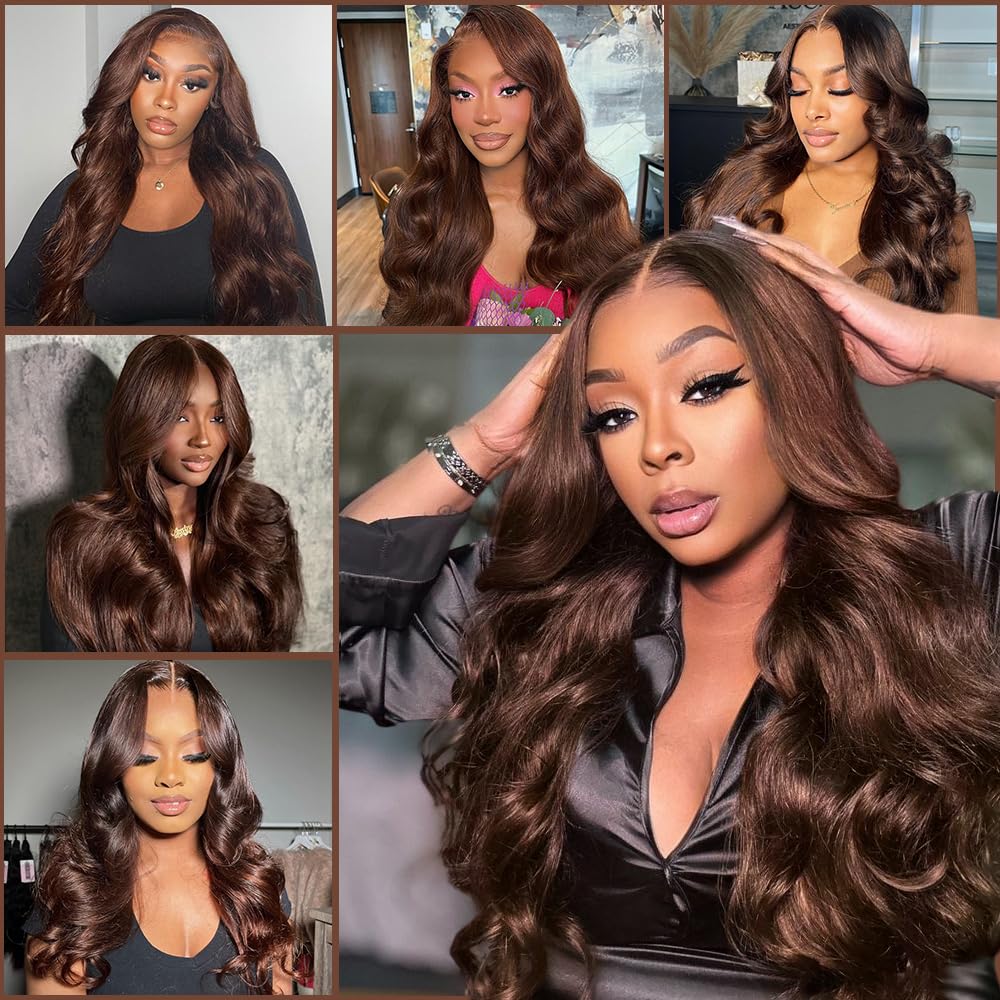 200% Density Chocolate Brown Human Hair Wigs 13x4 Body Wave Lace Front Wig Pre Plucked Chestnut Brown Colored Wigs Blended Hair For Women Light Brown HD Transparent Lace Front Wig