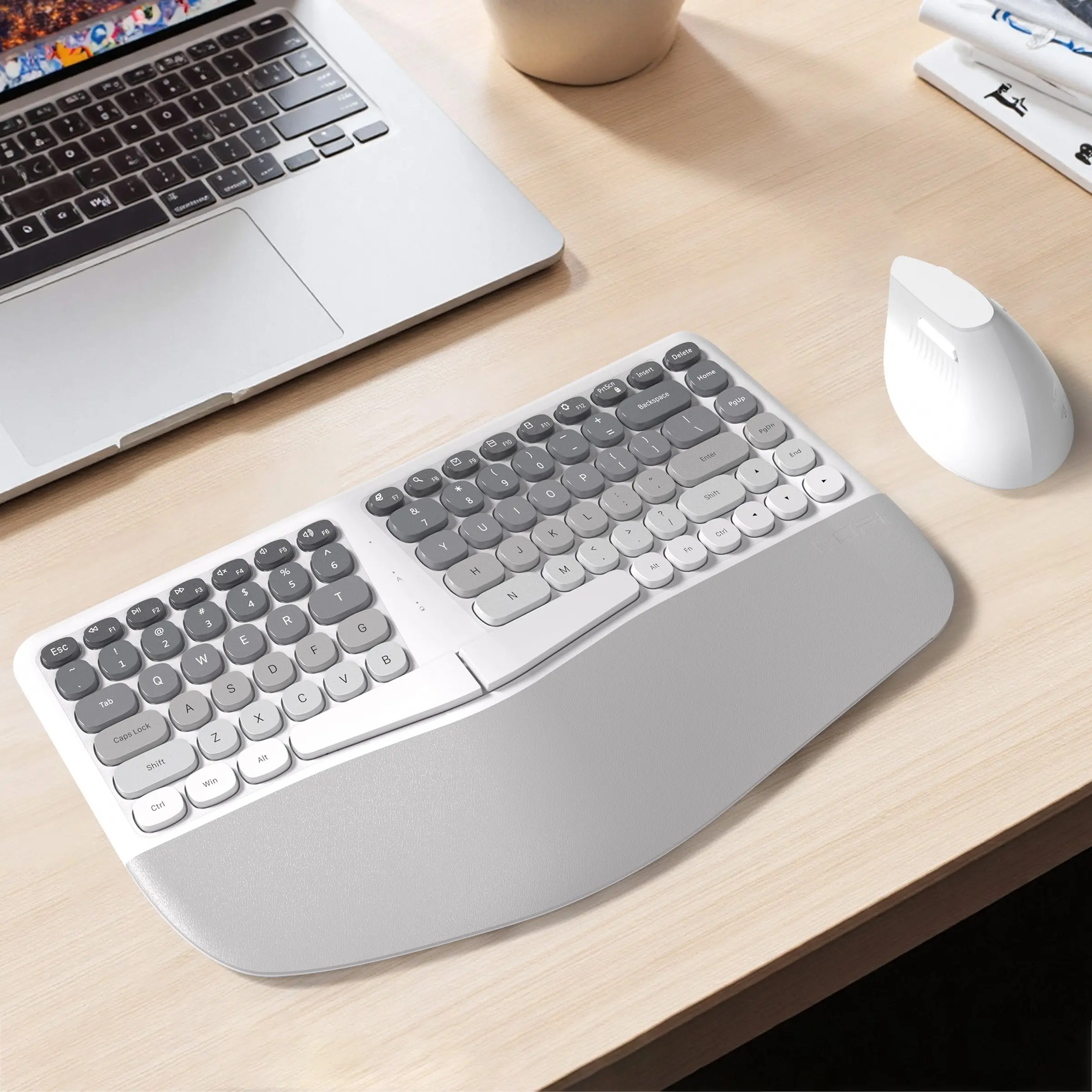 MOFii BOMI Aesthetic Gradient Grey & White Ergonomic Curved Wireless Keyboard Mouse Set, V-Shape Split Keyboard with Wrist Rest, 2.4G Wireless Vertical Mouse Combo for Desktop & Laptop Office Use