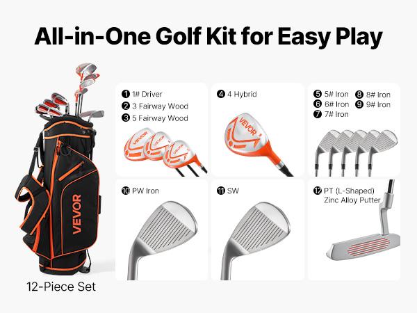 VEVOR Golf Club Set, 12 Pieces Women's Golf Club Complete Set Right Handed with 460CC #1 Driver, #3 5 Fairway Wood, #4 Hybrid, #5/#6/#7/#8/#9/#PW/#SW Irons, L-Shaped Putter, Golf Stand Bag, Orange