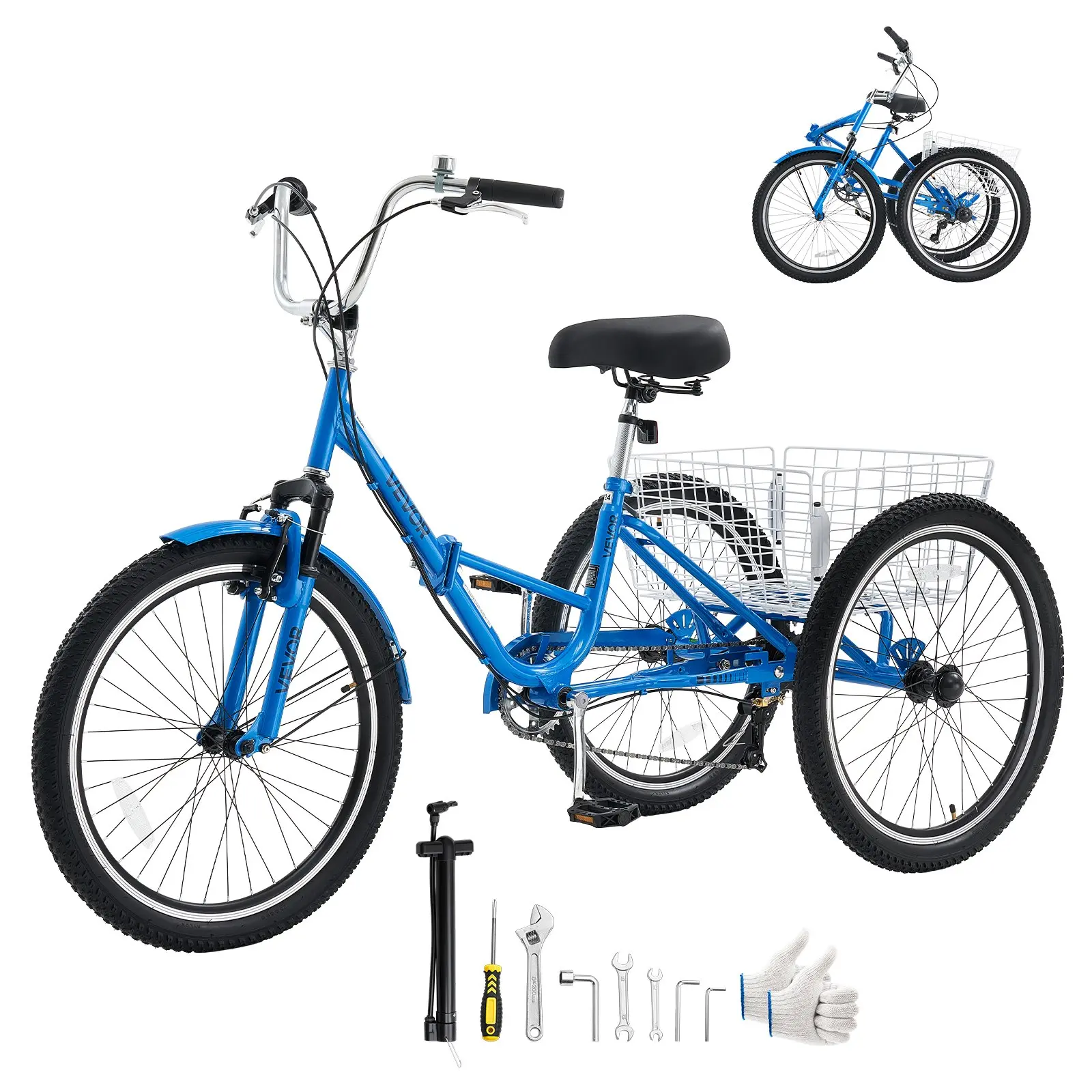VEVOR Folding Adult Tricycle 24 inch 7 Speed Foldable Trikes for Adult, 3 Wheel Cruiser Bike w/ Cargo Basket, Adjustable Seat, Double-Wall Wheel Rims, Shopping Picnic Tricycles for Women, Men, Senior