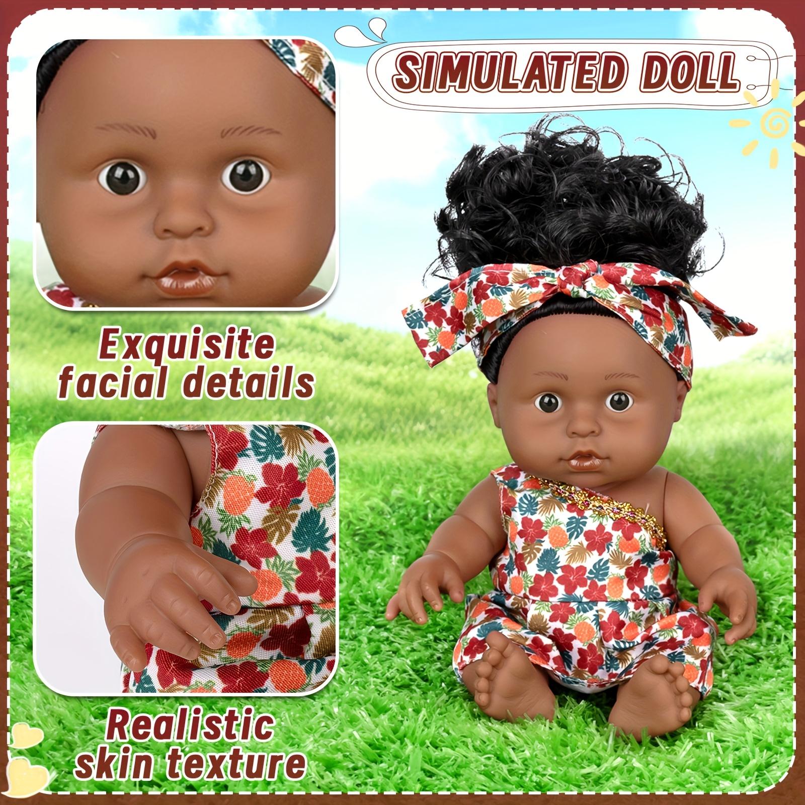 Baby Doll, 12 inch American African Girl Doll with Dress, Realistic Reborn for Kids Aged 2 3 4 5 6, Silicone Small Toy Curly Hair Birthday Gift,
