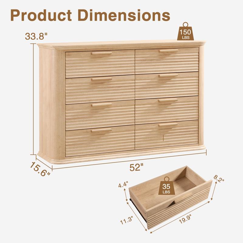 PieDle Fluted 7-8 Drawer Dresser, 52" Wide Modern Wood Dresser for Bedroom, Chest of Drawers with Curved Profile Design,  Sideboard Buffets Cabinet,TV Stand & Storage Organizer for Living Room, Hallway