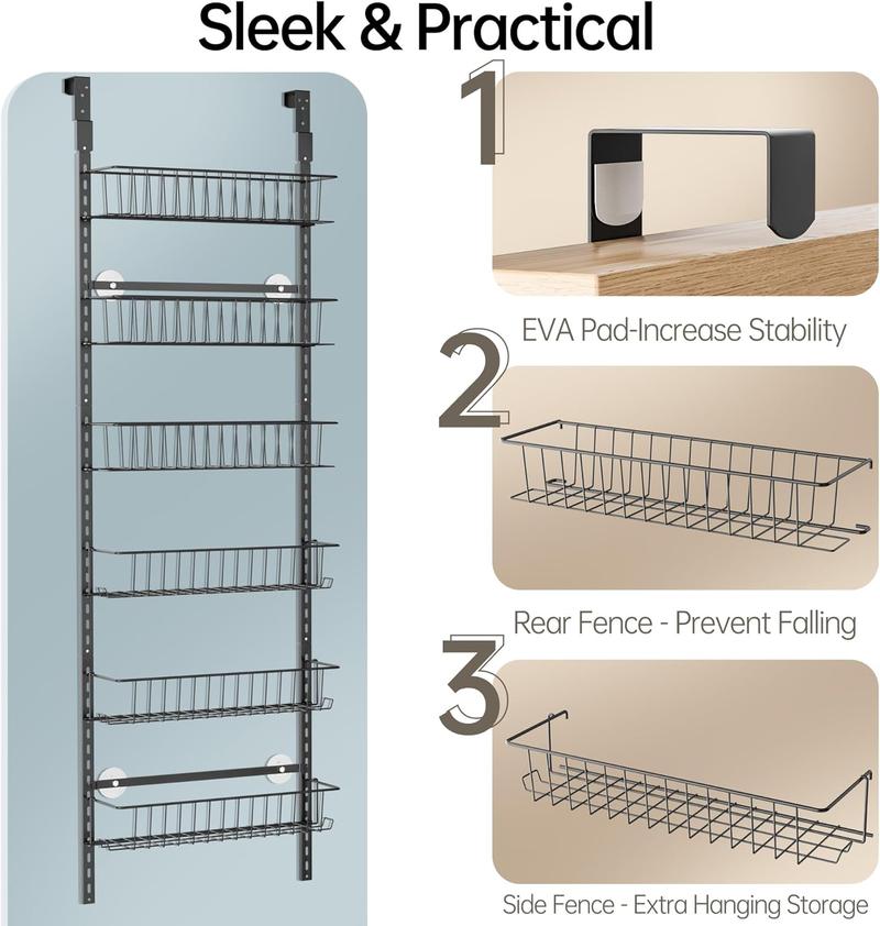 DELAMU Pantry Door Organizer, Adjustable Metal Door Over Door Pantry Organizer, 6 Tier Over Door Storage Rack, Kitchen Pantry Door Organizer and Storage Cabinet, D5 W16.6 H52.1 Inch Hanging Hangable bathroom organizer metal storage rack sturdy metal