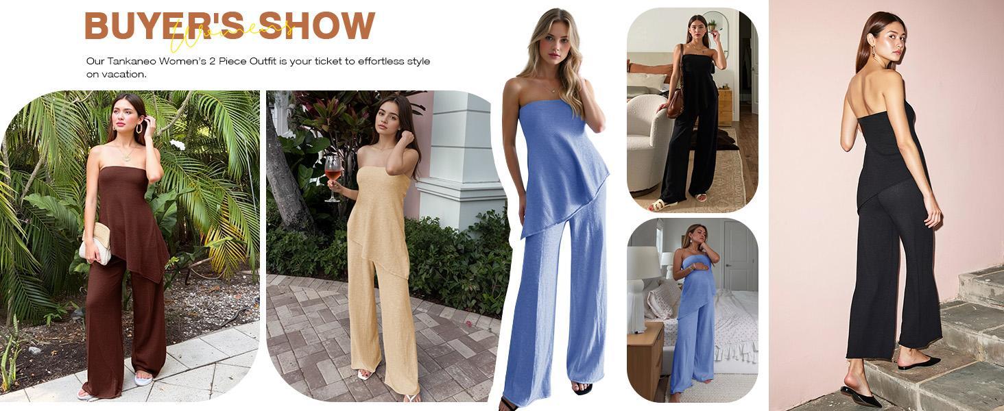 Tankaneo Womens 2 Piece Outfits Asymmetrical Tube Top Wide Leg Pants Knit Vacation Travel 2025 Matching Lounge Sets