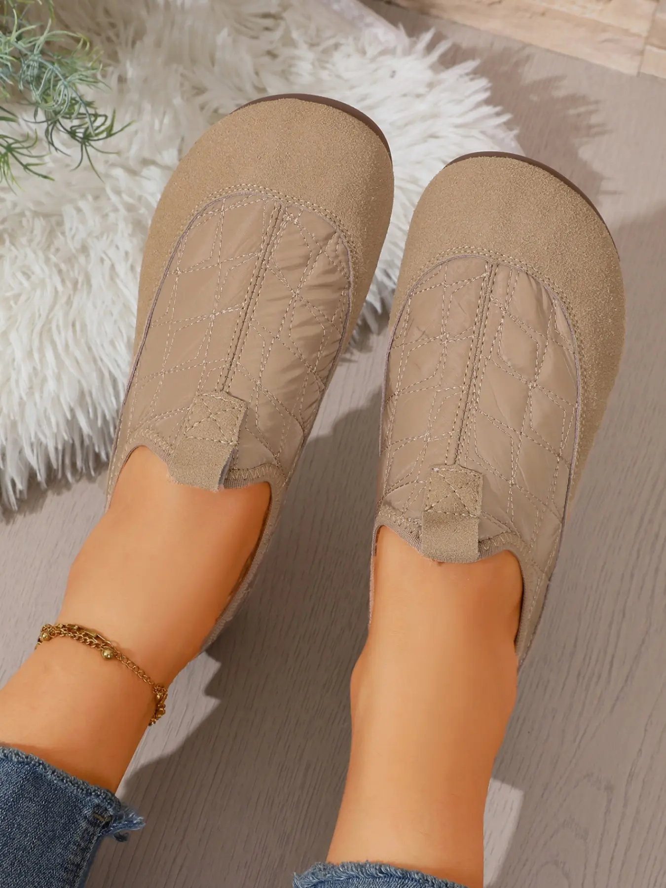 Winter Warm Cotton Shoes for Women, Slip-On Lazy Person Shoes, Flat Non-Slip Sole, Home & Outdoor Wear, Textile Upper, Eva Sole