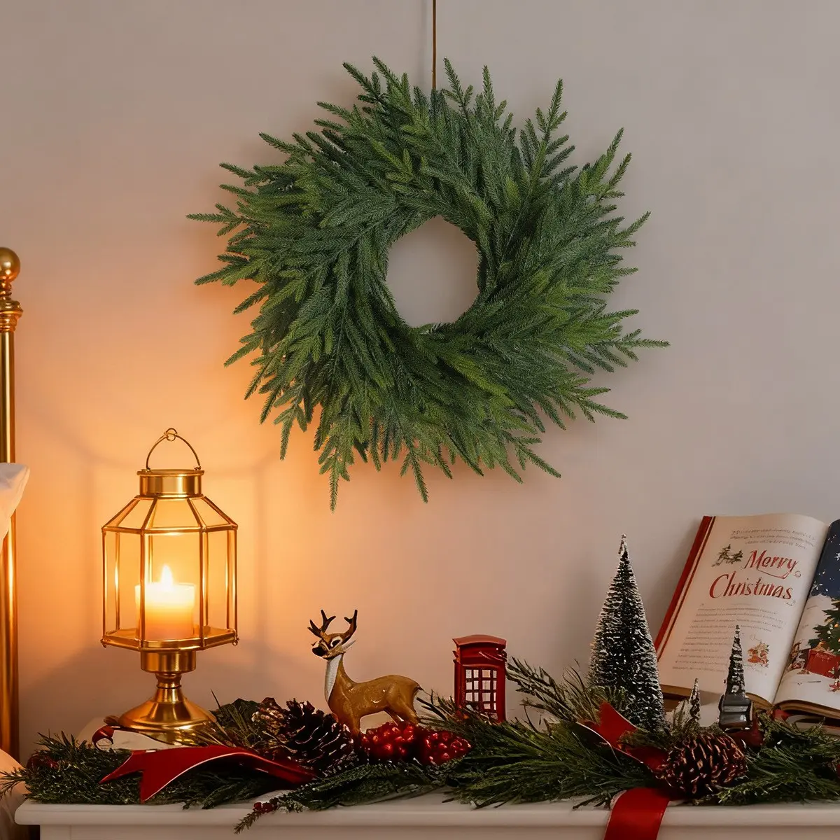Real Touch Pe Pine Needle Christmas Wreath, Dual Color Artificial Evergreen, Front Door Hanging, Indoor Decor, Farmhouse Style, Decoration