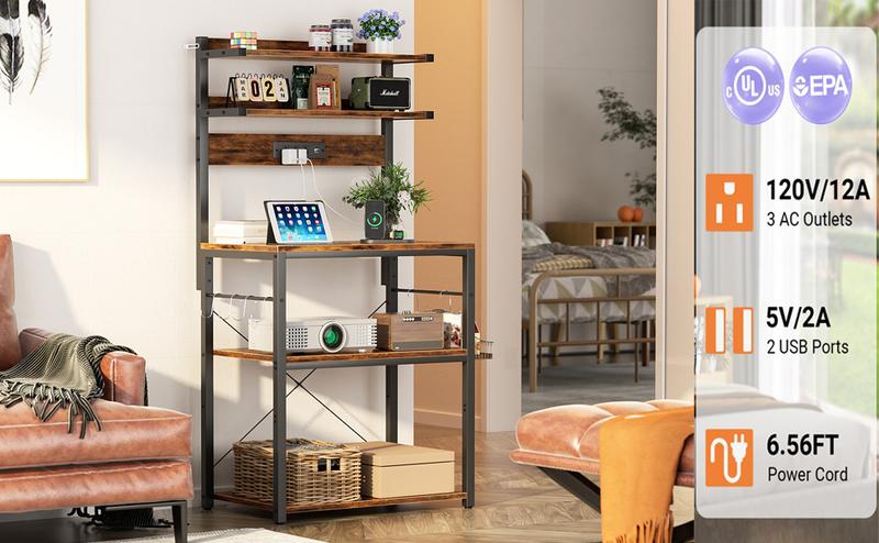 Bakers Rack with Power Outlet, 5 Tiers Microwave Stand, Coffee Bar Station with Led Lights, Kitchen Storage Shelf with 6 S-Shaped Hooks small kitchen men  room  accessories
