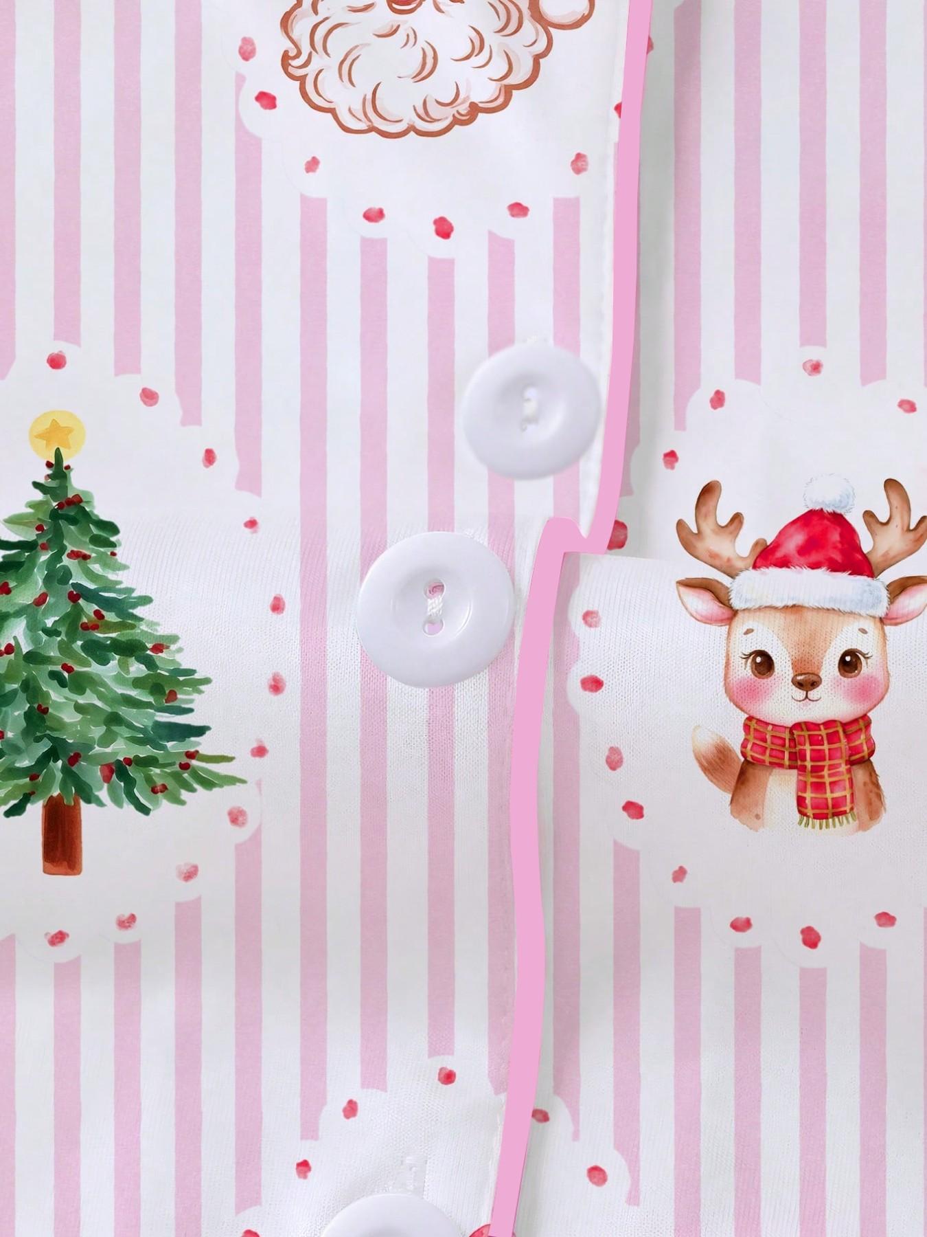 Christmas Pajamas, Striped Santa & Reindeer Print, Long Sleeve, Fitted, Soft & Breathable, Holiday Party Set