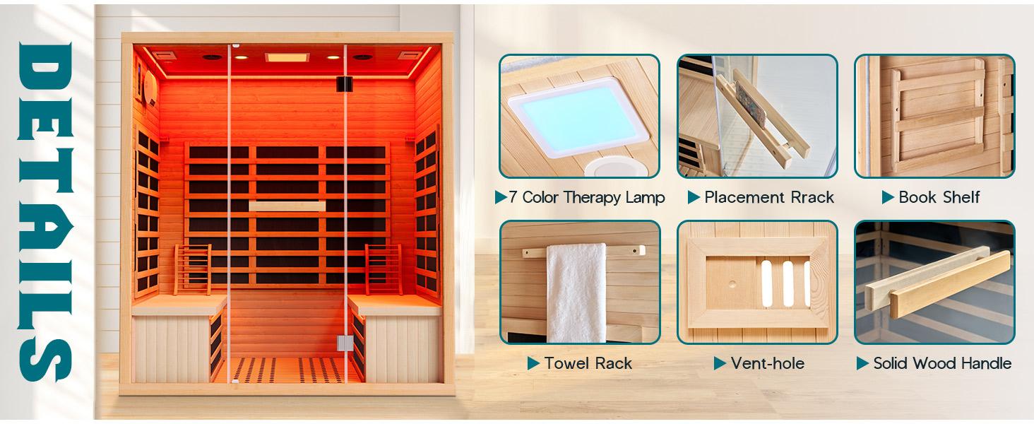 VanAcc Infrared Sauna for 1/2/4 Person, Low EMF 930W/110V&1463W/110V&2145W/110V Hemlock Wood Sauna with Tourmaline Foot Warmer, 7-Color Light Therapy, Salt Crystal Bricks, Easy Assembly