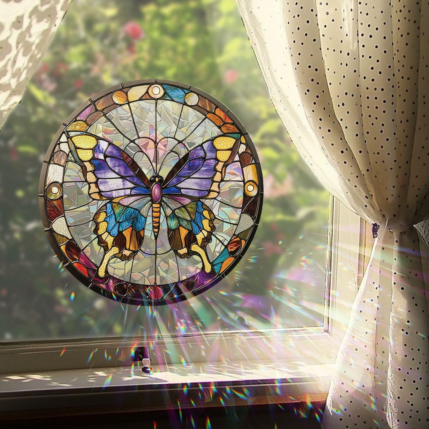 1pc Round Laser Butterfly Print Window Sticker, Adhesive-Free Removable Static Window Film for Kitchen Balcony Attic Glass Decoration