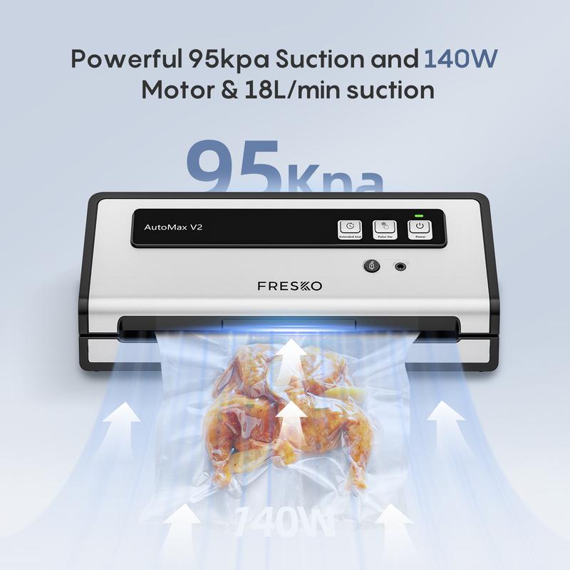 FRESKO AutoMax V2 Compact Vacuum Sealer Machine, Automatic Food Saver with Double Heat Seal, Includes Bags & Starter Kit