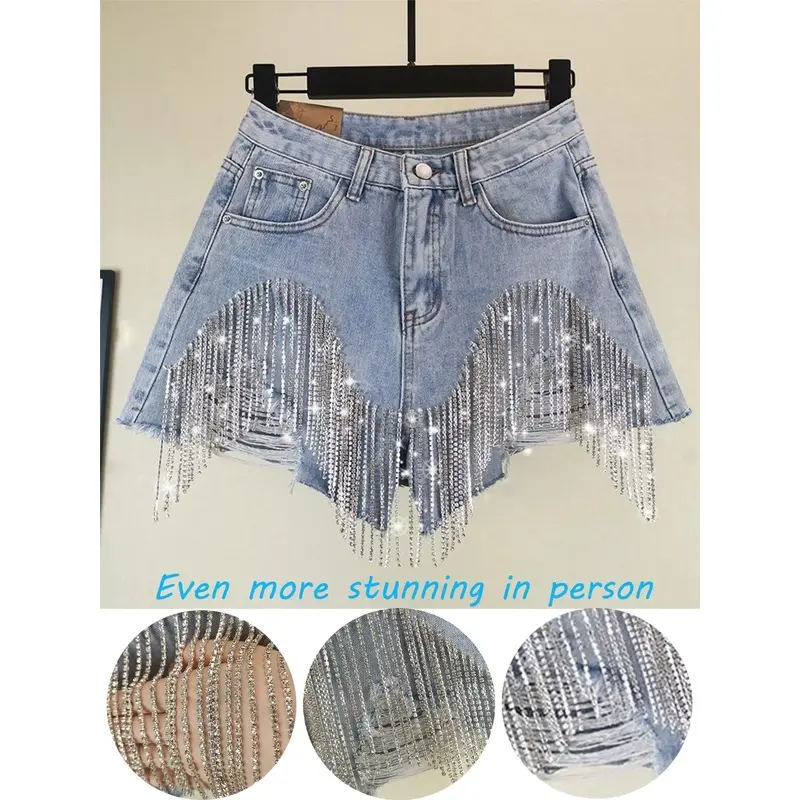 Women's Full Rhinestone Bling Everyday Casual Denim Shorts – Sparkly Mid Waist Fit Summer Jean Shorts Womenswear Bottom