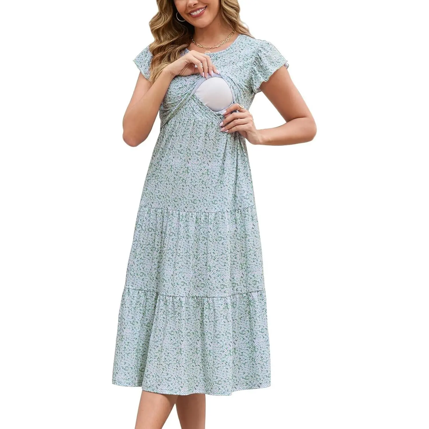 Women Nursing Dress Flutter Sleeve Midi Dress Crew Neck Nursing Friendly Dresses Loose Flowy Maternity Beach Dress