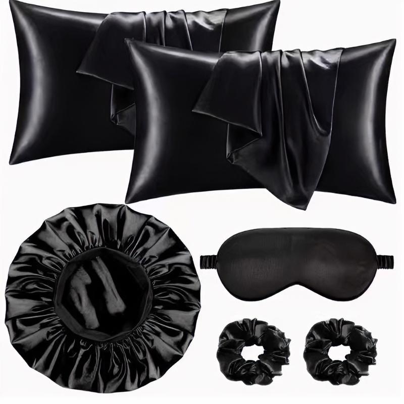 Silk Hair Care Set, 6-Piece Kit (pillowcase + Sleep Cap + Eye Mask + Headband), Anti-Tangle, No Heat Styling, Wide Brim Sleep Cap, Women's Bath Hat