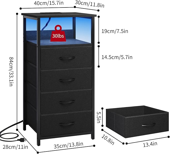 Night Stand with Charging Station, LED Nightstand with U-S-B Ports and Outlets, 3 Fabric Storage Drawers with PU Finish, Bedside Table, Black