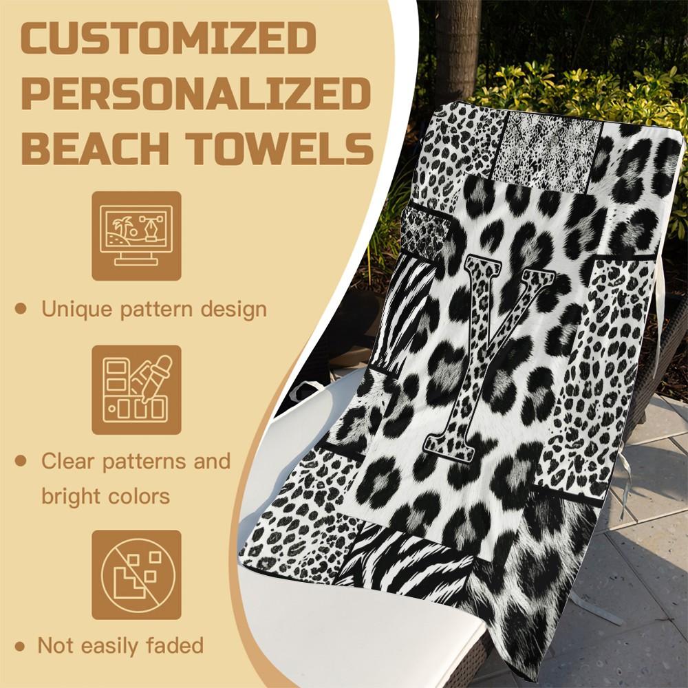 Leopard Print Letter Beach Towel, Black White Animal Patchwork Beach Blanket, Quick Dry Sand Free Bath Towel for Swimming Pool Camping, Monogram Initial Decor for Kids Teens Adults