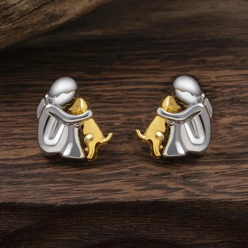 Gold-Silver Plated Minimalist Puppy Motif Round Stud Earrings, Fashion Costume Jewelry for Women, Casual Wear Accessories