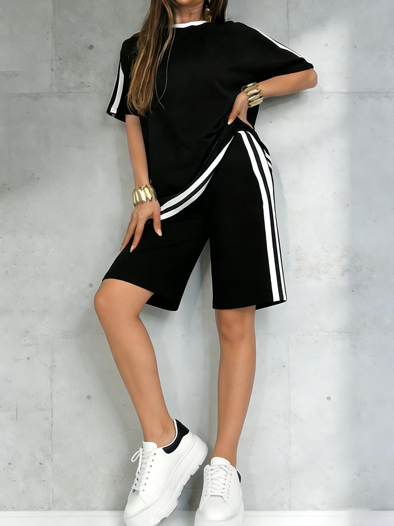 Women's Casual Sportswear Set, Pure Color Round Neck Short Sleeve T-Shirt, Split Hem Top and Striped Shorts, Spring Summer Two-Piece Suit