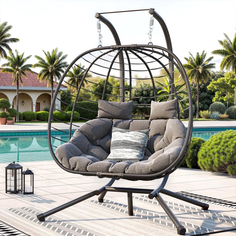 UDPATIO Outdoor Double Wicker Swing Egg Chair 2 Person Foldable Hanging Egg Chair with Stand, Porch Swing Loveseat for Patio, Balcony, Porch, Indoor&Outdoor UDPATIO Outdoor Double Wicker Swing Egg Chair 2 Person Foldable Hanging Egg Chair with Stand, Porch Swing Loveseat for Patio, Balcony, Porch, Indoor&Outdoor