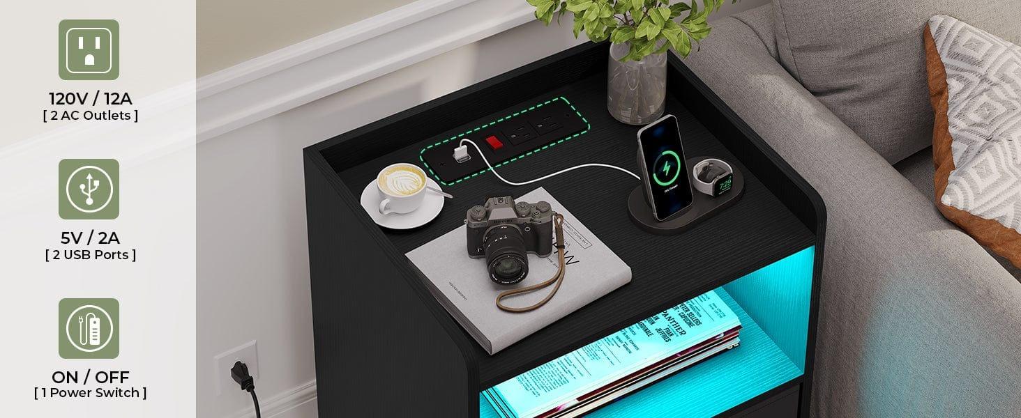 Sikaic 2PCS LED Nightstands with Charging Station and Storage Drawers Black Furniture Bedroom Table Organize Modern Design Bedside Lighted Vanity Desk