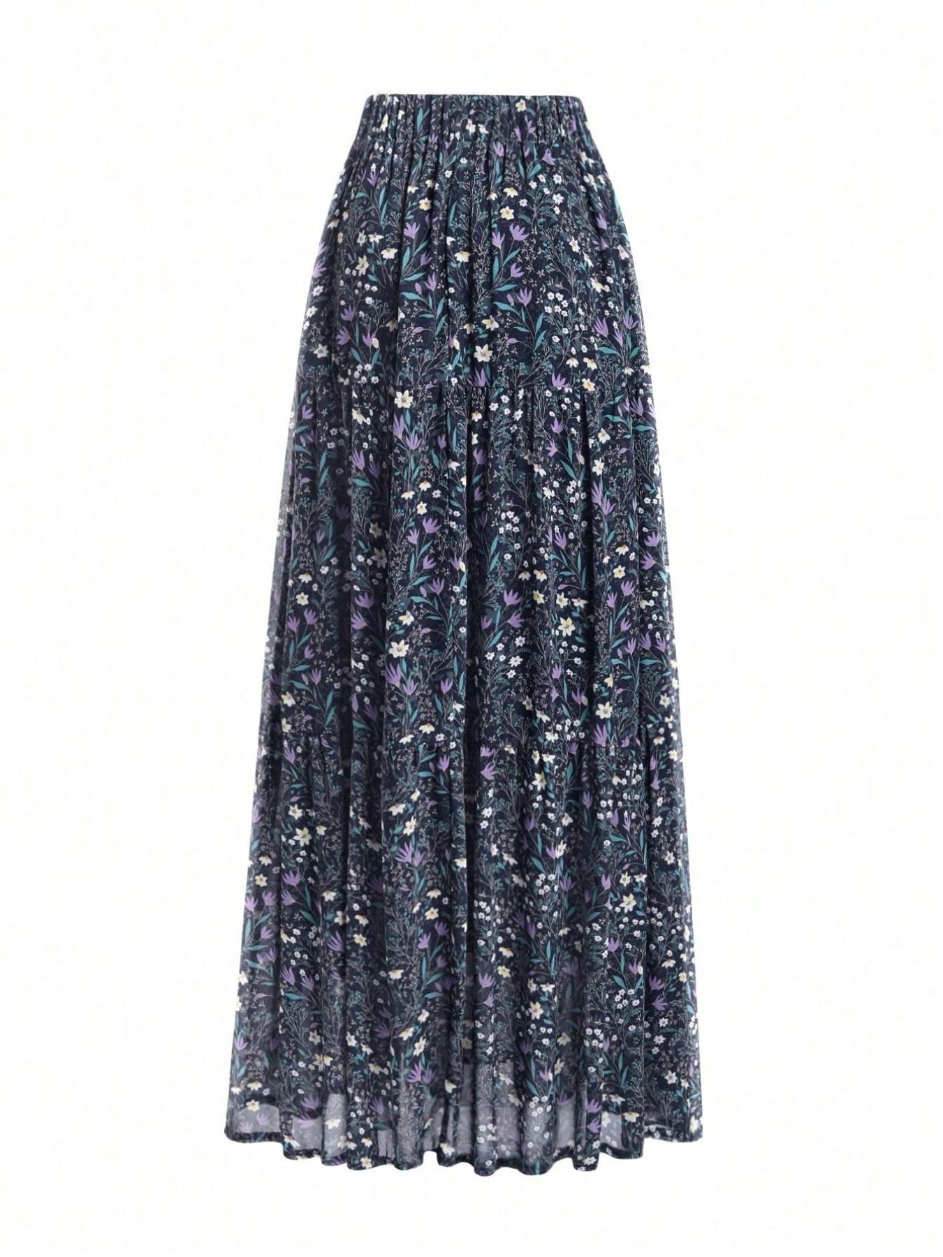 Women's Deep Blue Ditsy Floral Midi Casual Boho Skirt, High Waist A-Line Design, Casual Loose Fit, Long Knee-Length, Fashionable Summer Dress