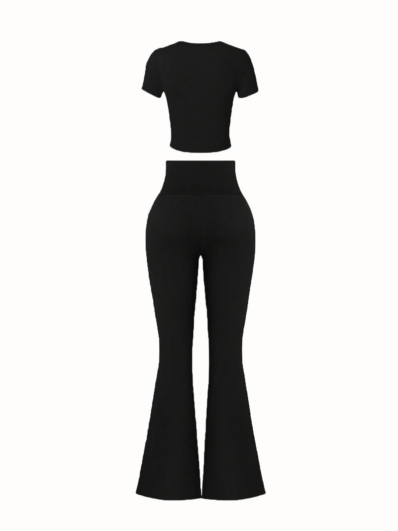 Women's Solid Loungewear Set, Casual Short Sleeve Crop Top & High Waist Flare Leg Pants, Ladies Sleepwear for All Seasons, Pajama Set