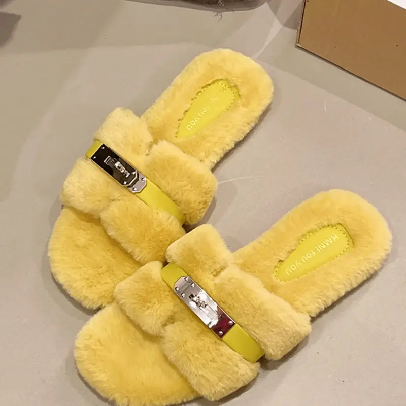 Women's Plush Open-Toe Slippers with Metal Buckle, Comfortable Furry Home Shoes for Daily Wear