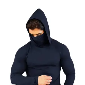 Men Summer Tight Quick Dry Hooded Fishing Sun Protection Suit with Built-in Face Mask, UV Breathable Compression Athletic Shirt for Outdoor Workout Cycling Fishing