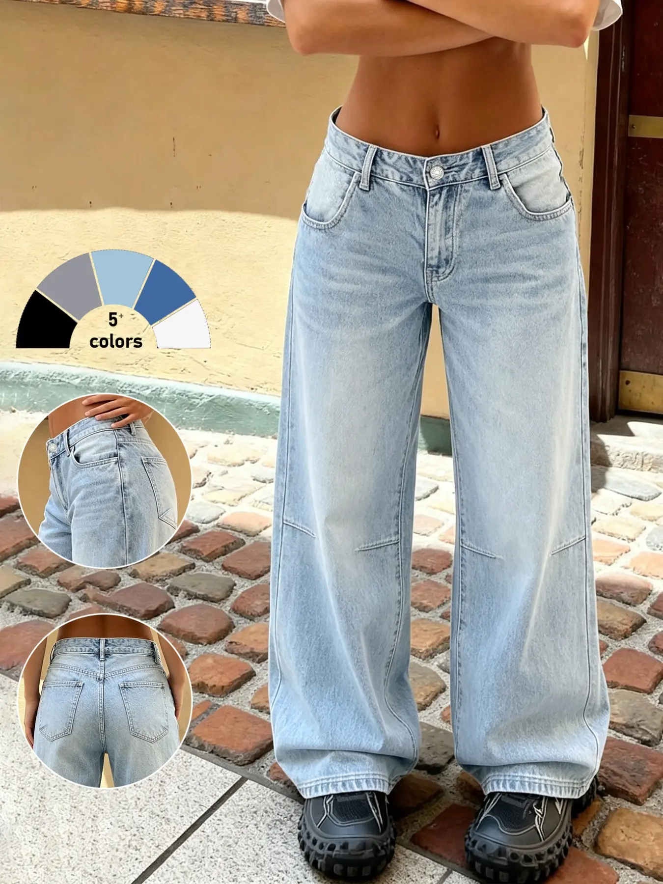 Women's Low Waist Loose Fit Jeans, Light Blue Vintage Y2K Style, Casual Fashion Comfortable Fit, Long Regular Length, All Seasons