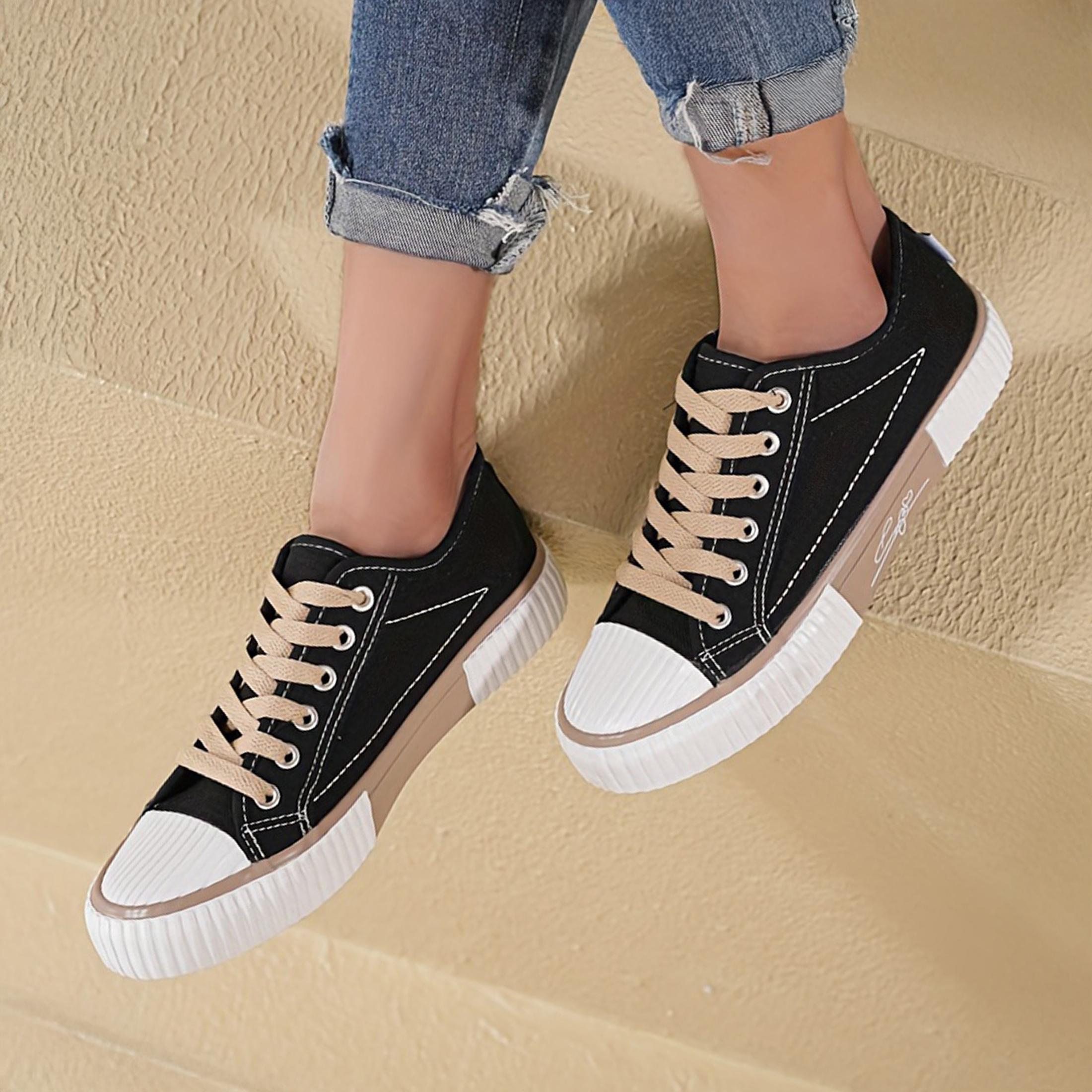 Women's Casual Fashion Sneakers Low Top Round Toe Lace-Up Shoes, Fabric Upper & Inner, Rubber Sole Flat Sports Footwear