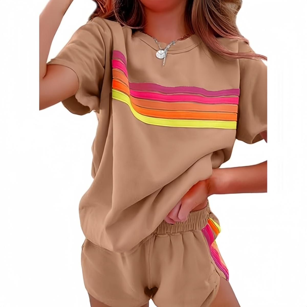 Women's Short 2-Piece Rainbow Strip Outdoor Sportswear Set - Loose Fit Crop Top & Bottoms, Solid Round Neck, Short Sleeves, Lightweight Breathable Blend Clothing, Baby Blue, Baseball Use, Light Spandex Women's Clothes tiktokshopspringglowup, 2 Piece Sets,