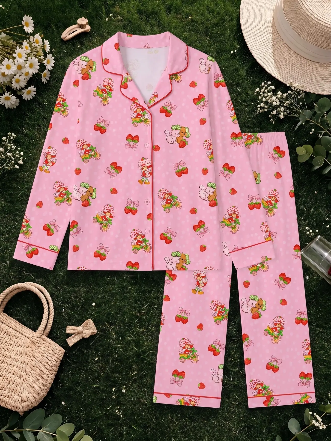 Women's Long Sleeve Pajama Set, Soft Comfortable Fabric, Strawberry Polka Dot Print, Loose Fit Casual Cozy Loungewear Sleepwear, Spring Fall Home Wear
