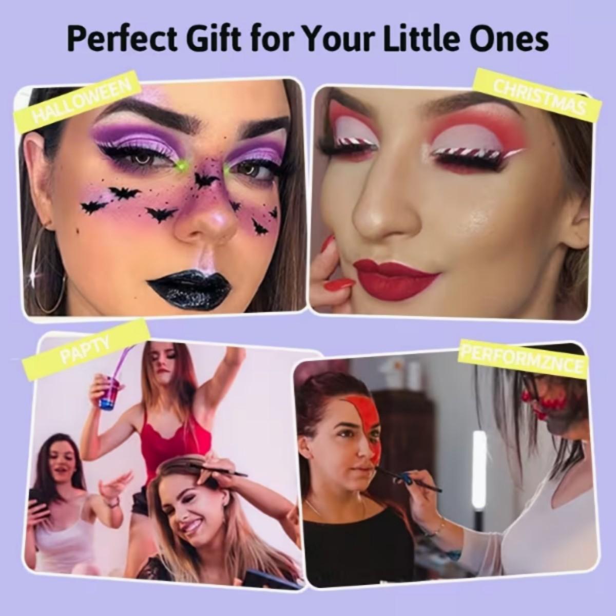 Face & Body Paint Palette Set with 1 Brush, Rainbow Gradient Pigment, Cosmetic Paint, Halloween Makeup Kit, Water-based Temporary Body Paint, Ideal for Halloween, Cosplay Parties, Art and Stage Makeup